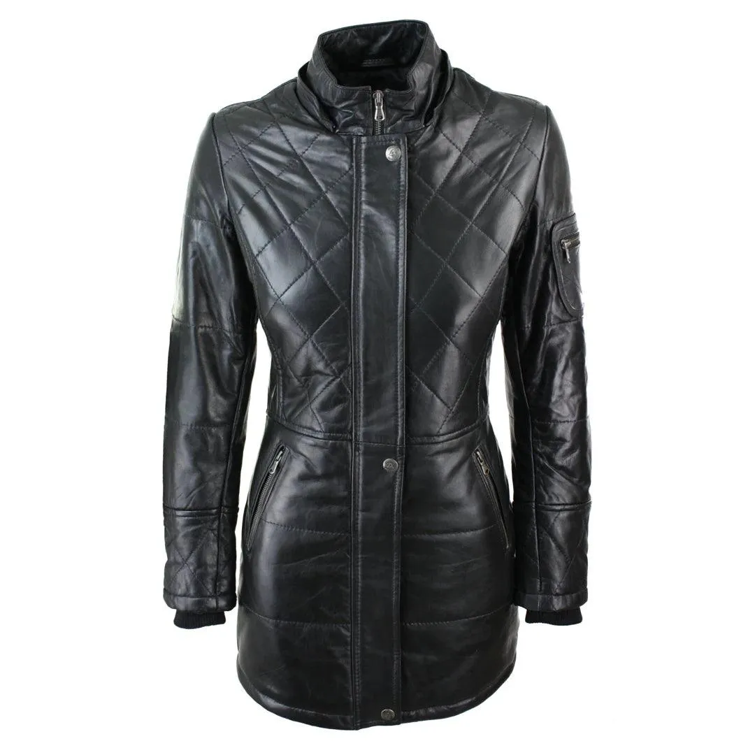 Ladies Black Real FUR HOODED Parka Real Leather Jacket Winter Coat