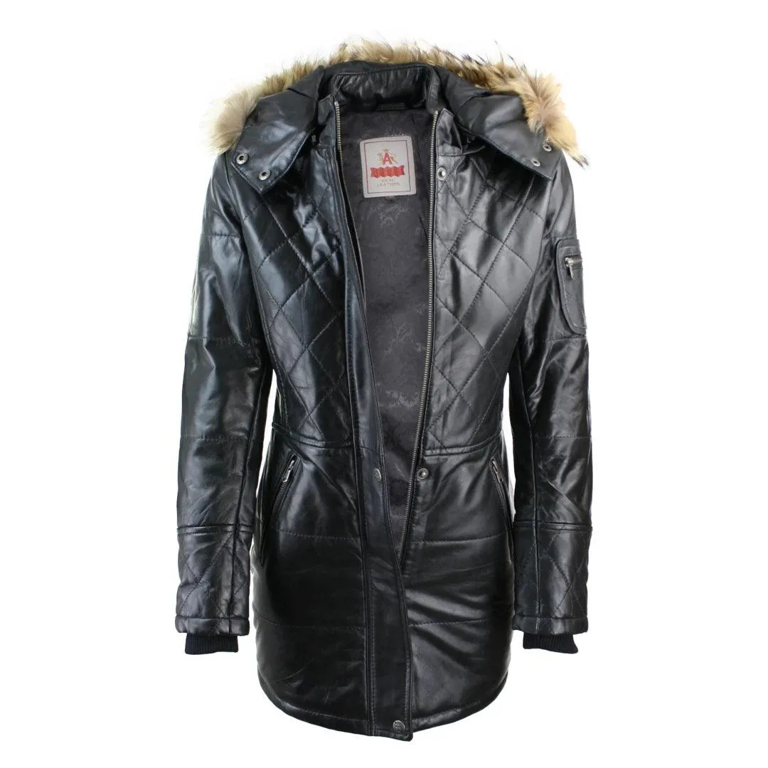 Ladies Black Real FUR HOODED Parka Real Leather Jacket Winter Coat