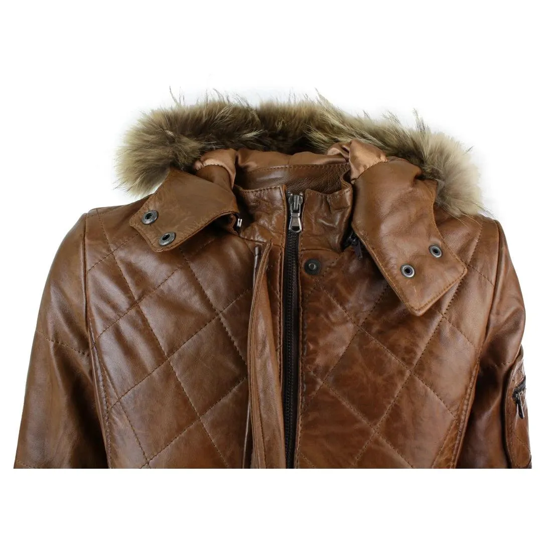 Ladies Black Real FUR HOODED Parka Real Leather Jacket Winter Coat