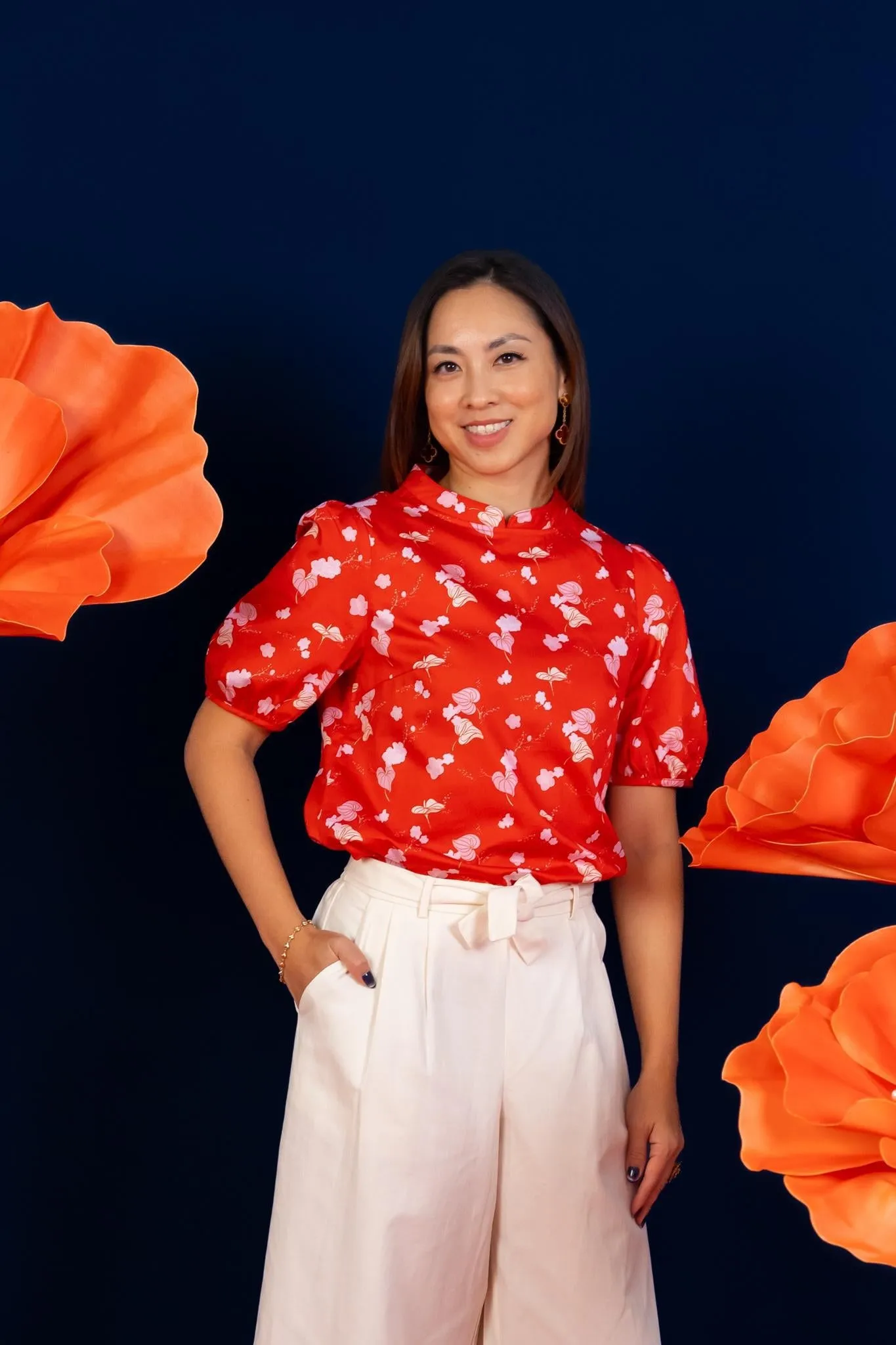 Ladies Nadia Top - Red Blossom Lily