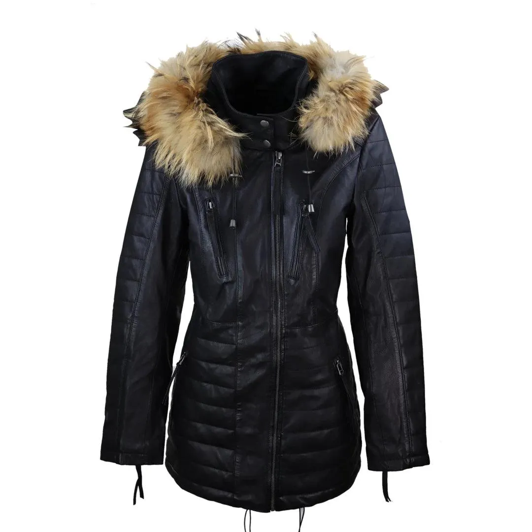 Ladies Real Leather Black Trench Mid Length Hood Raccoon Fur Winter Retro Jacket