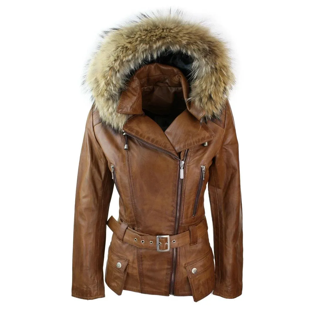 Ladies Tan Brown HOODED Parka Real Leather Jacket Winter Coat