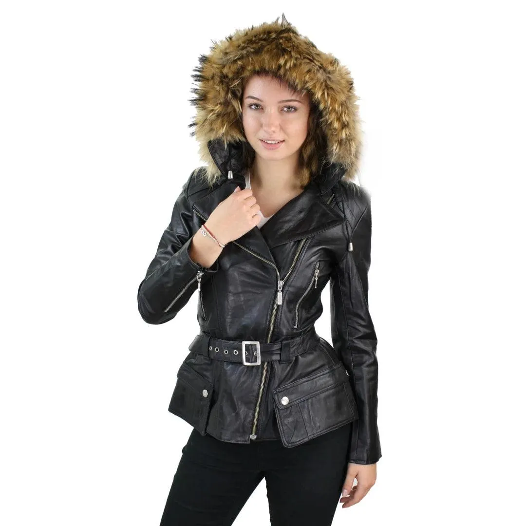 Ladies Tan Brown HOODED Parka Real Leather Jacket Winter Coat