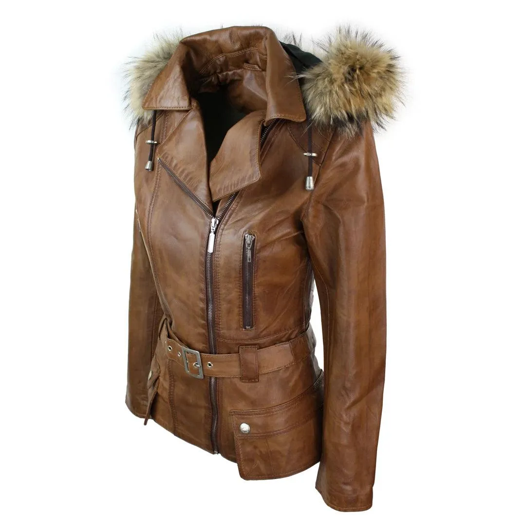 Ladies Tan Brown HOODED Parka Real Leather Jacket Winter Coat