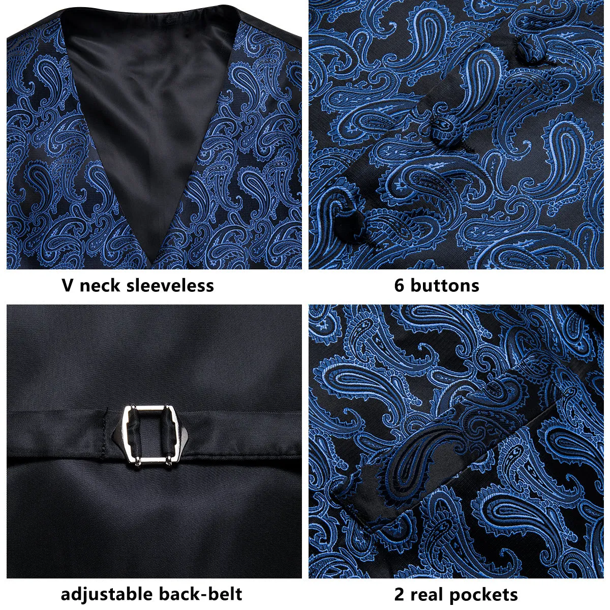 Luxury Black Blue Paisley Jacquard Silk Men's Vest Hanky Cufflinks Tie Set Waistcoat Suit Set