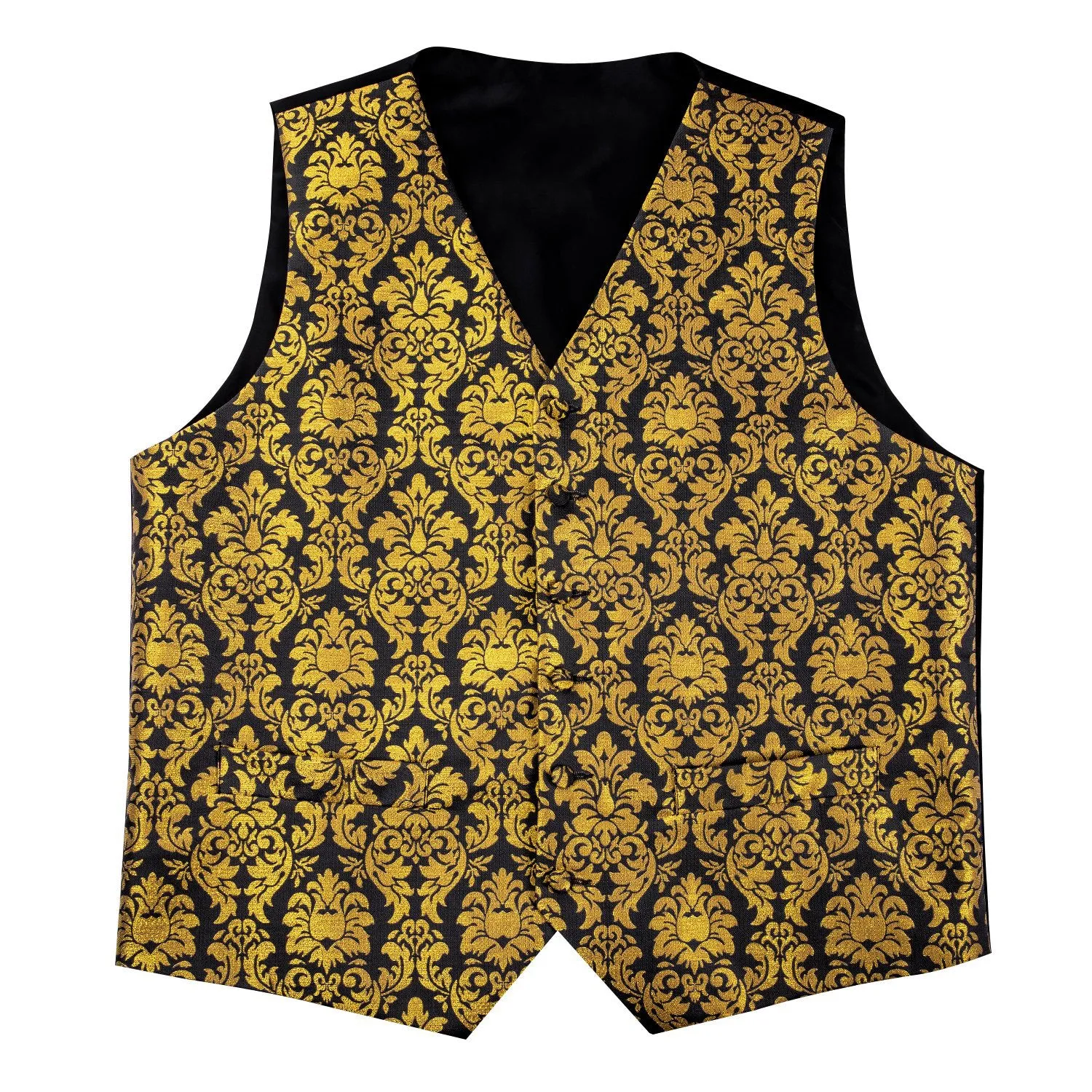 Luxury Black Golden Floral Jacquard Silk Men's Vest Hanky Cufflinks Tie Set Waistcoat Suit Set