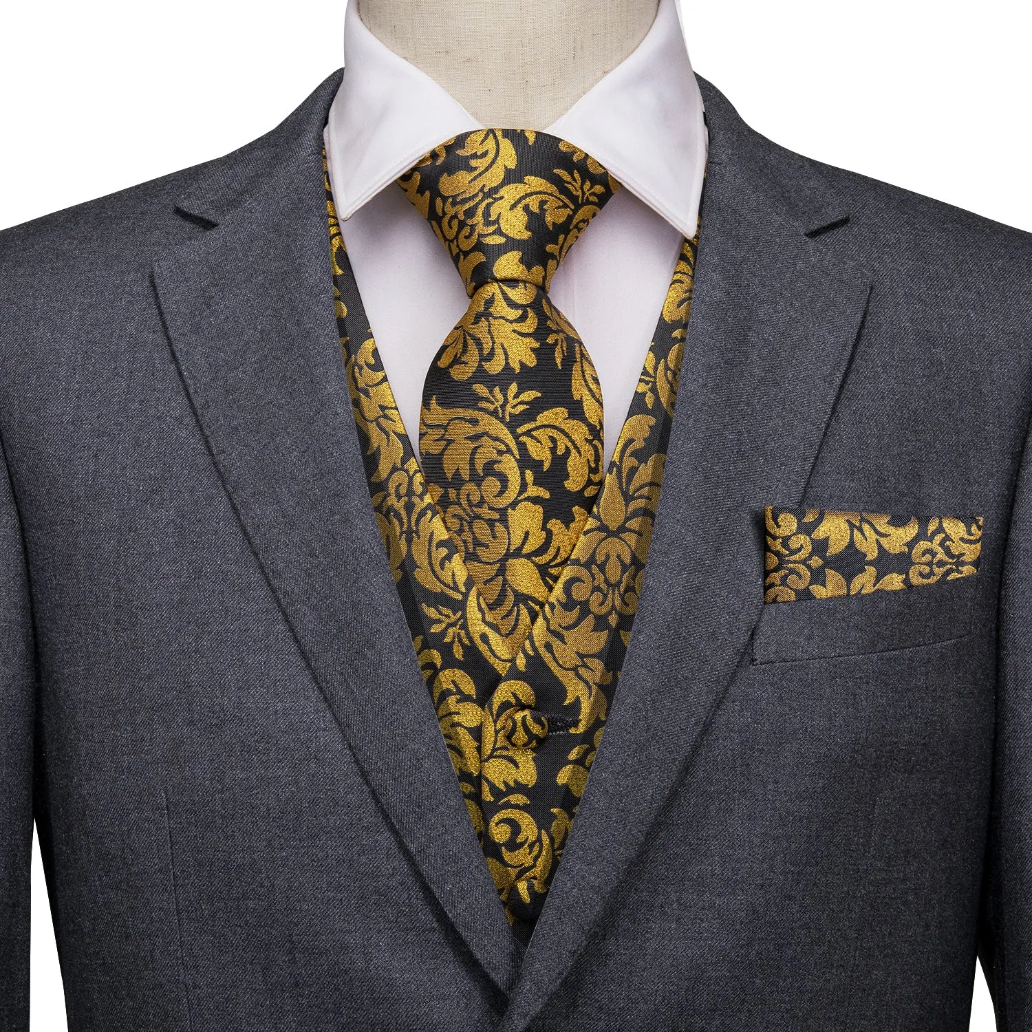 Luxury Black Golden Floral Jacquard Silk Men's Vest Hanky Cufflinks Tie Set Waistcoat Suit Set