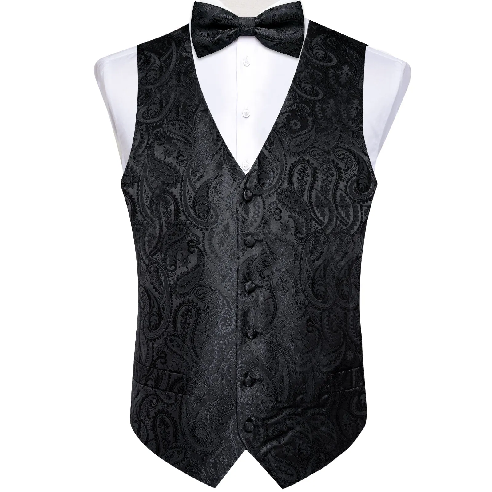 Luxury Black Paisley Jacquard Silk Men's Vest Hanky Cufflinks Bowtie Necktie Set