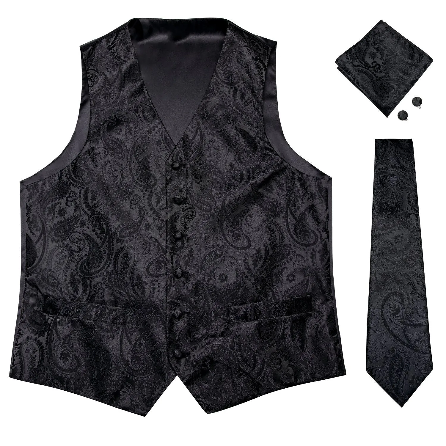 Luxury Black Paisley Jacquard Silk Men's Vest Hanky Cufflinks Tie Set Waistcoat Suit Set