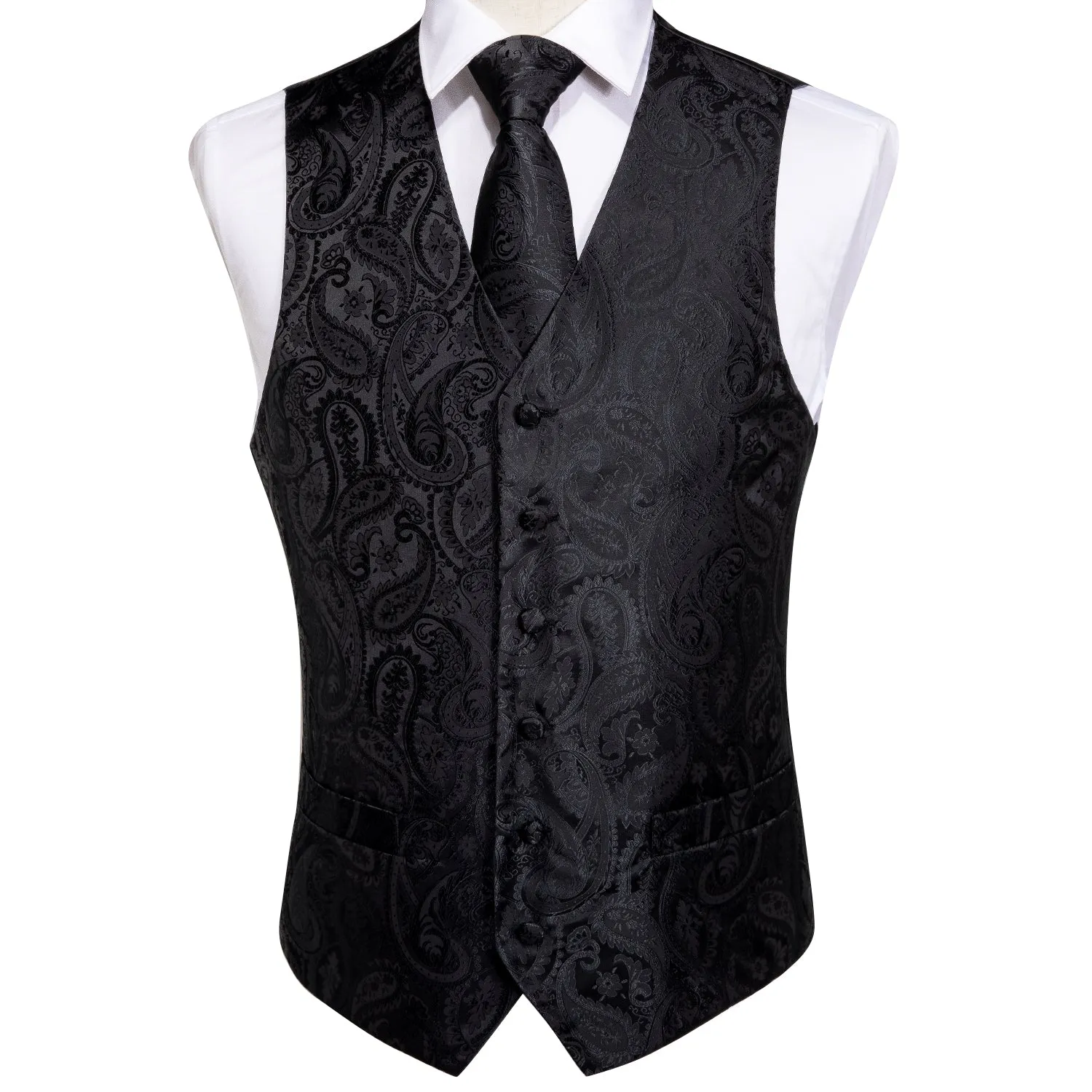 Luxury Black Paisley Jacquard Silk Men's Vest Hanky Cufflinks Tie Set Waistcoat Suit Set