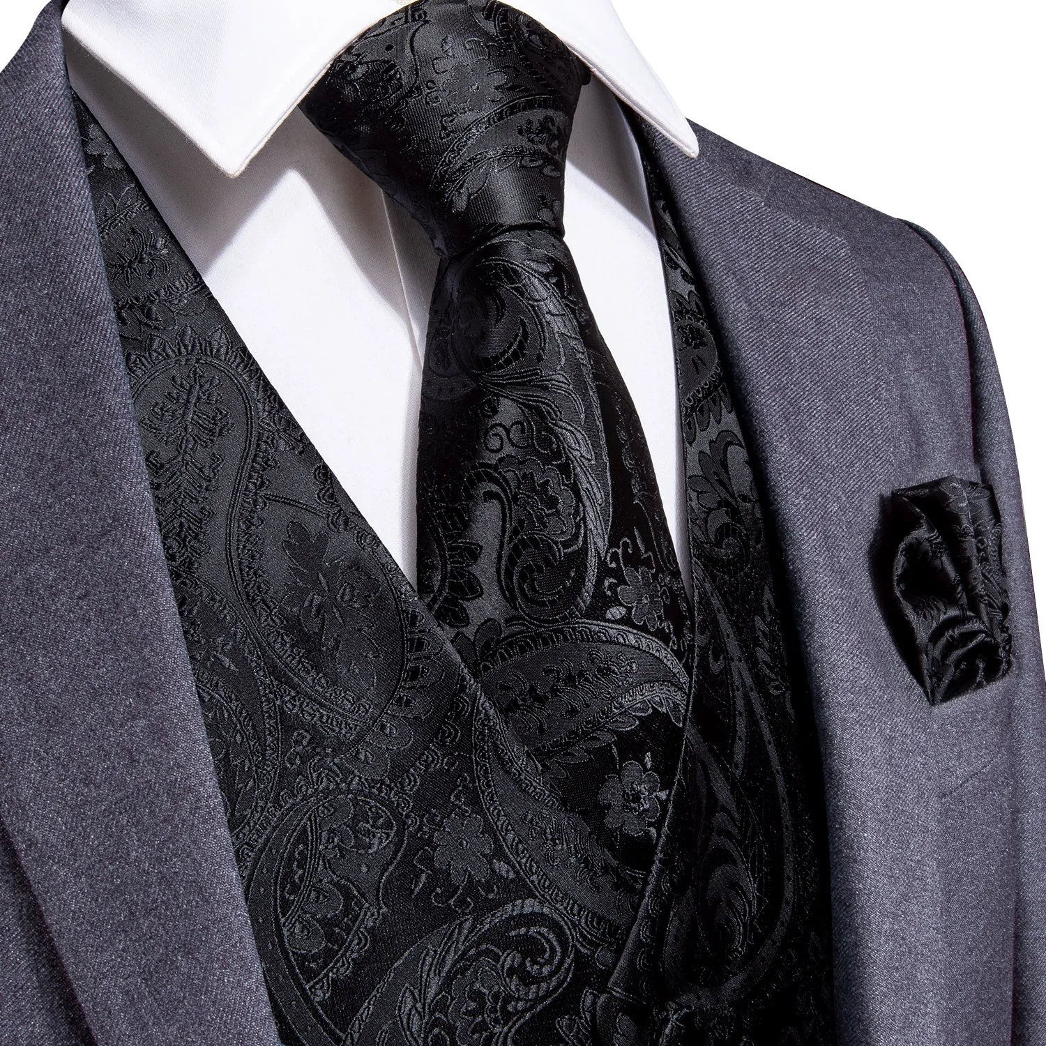 Luxury Black Paisley Jacquard Silk Men's Vest Hanky Cufflinks Tie Set Waistcoat Suit Set