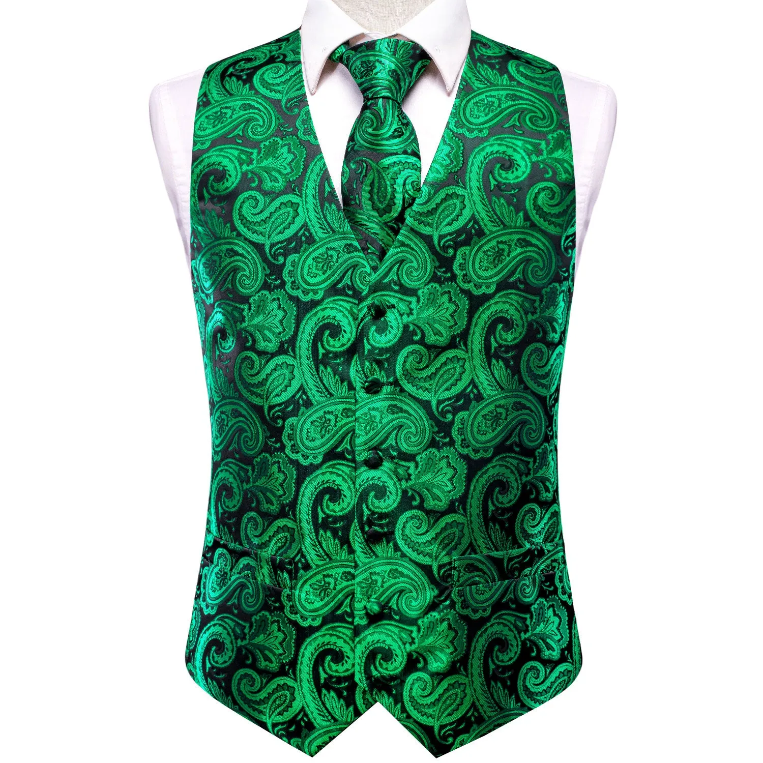 Luxury Green Black Paisley Silk Men's Vest Hanky Cufflinks Tie Set Waistcoat Suit Set