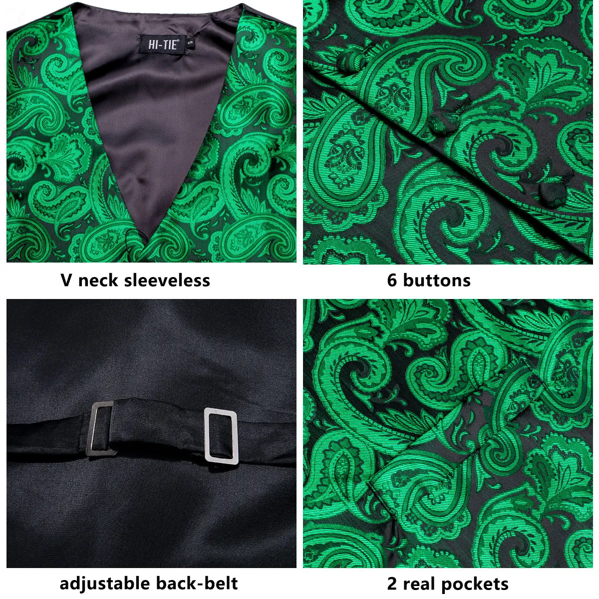 Luxury Green Black Paisley Silk Men's Vest Hanky Cufflinks Tie Set Waistcoat Suit Set