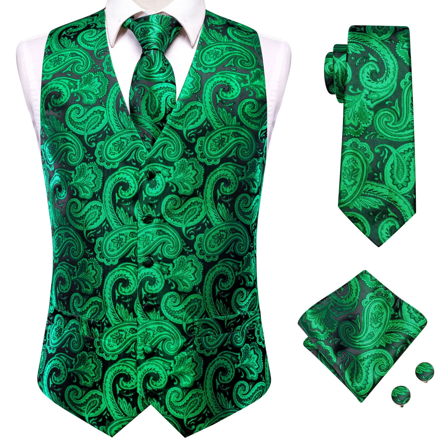 Luxury Green Black Paisley Silk Men's Vest Hanky Cufflinks Tie Set Waistcoat Suit Set