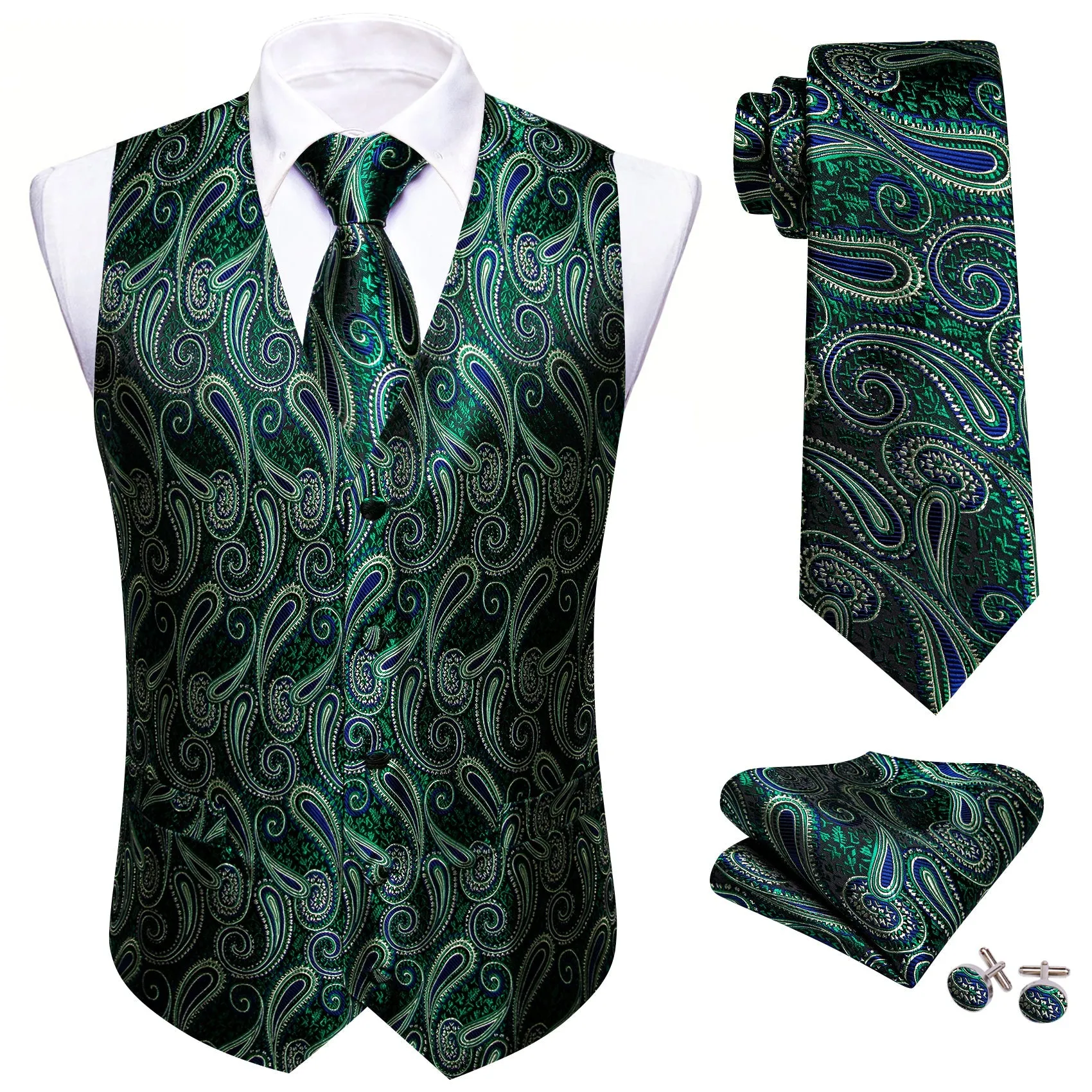 Luxury Green Paisley Jacquard Silk Men's Vest Hanky Cufflinks Tie Set