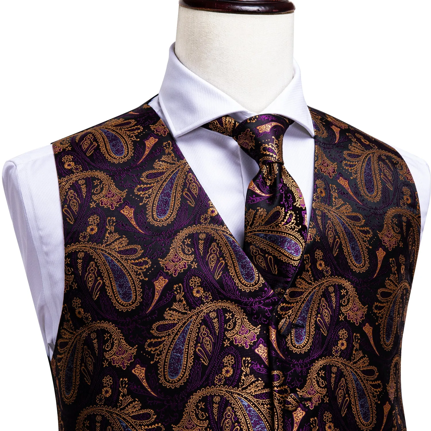 Luxury Purple Brown Paisley Men's Vest Tie Hanky Cufflinks Set Waistcoat Suit Set