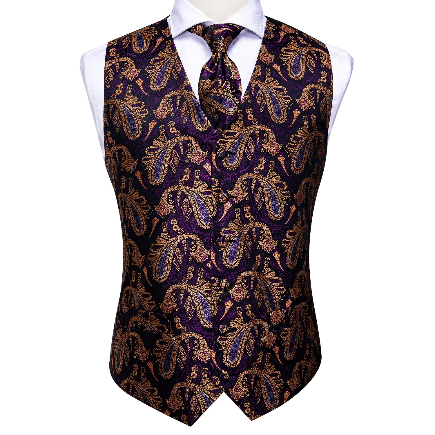 Luxury Purple Brown Paisley Men's Vest Tie Hanky Cufflinks Set Waistcoat Suit Set