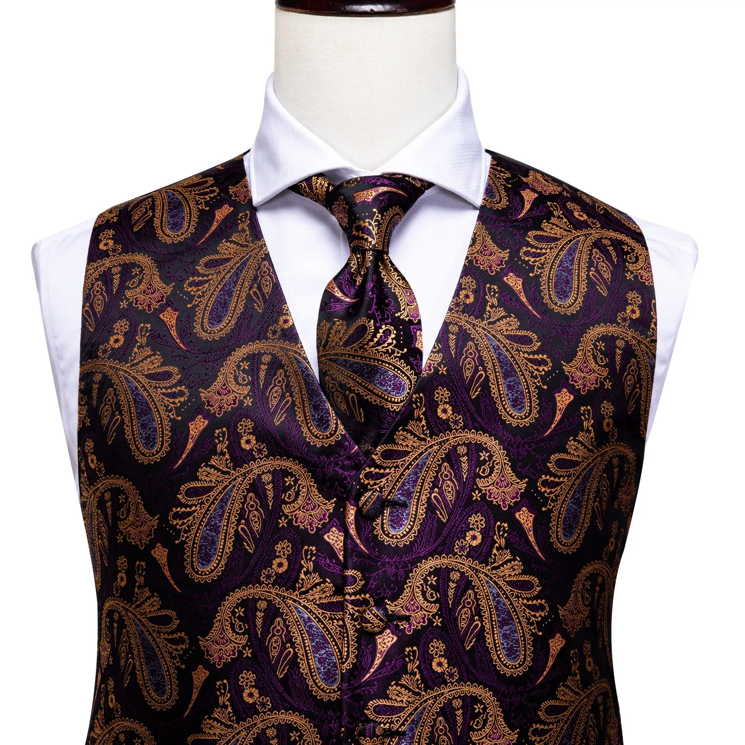 Luxury Purple Brown Paisley Men's Vest Tie Hanky Cufflinks Set Waistcoat Suit Set