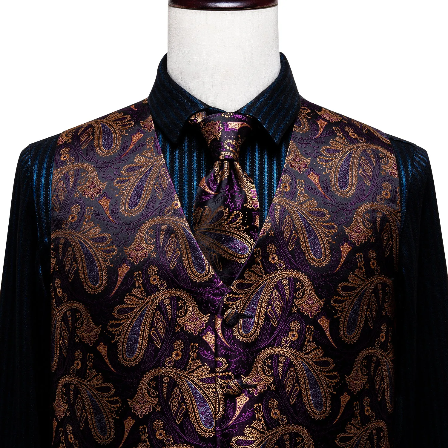 Luxury Purple Brown Paisley Men's Vest Tie Hanky Cufflinks Set Waistcoat Suit Set