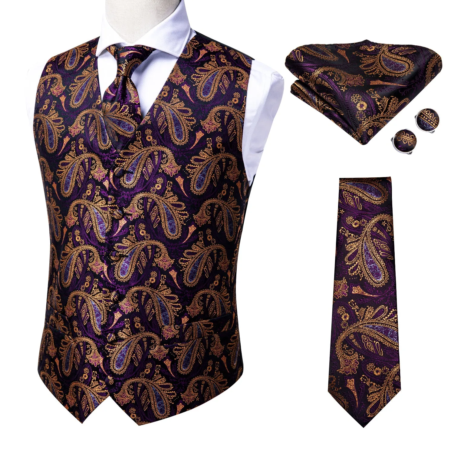 Luxury Purple Brown Paisley Men's Vest Tie Hanky Cufflinks Set Waistcoat Suit Set