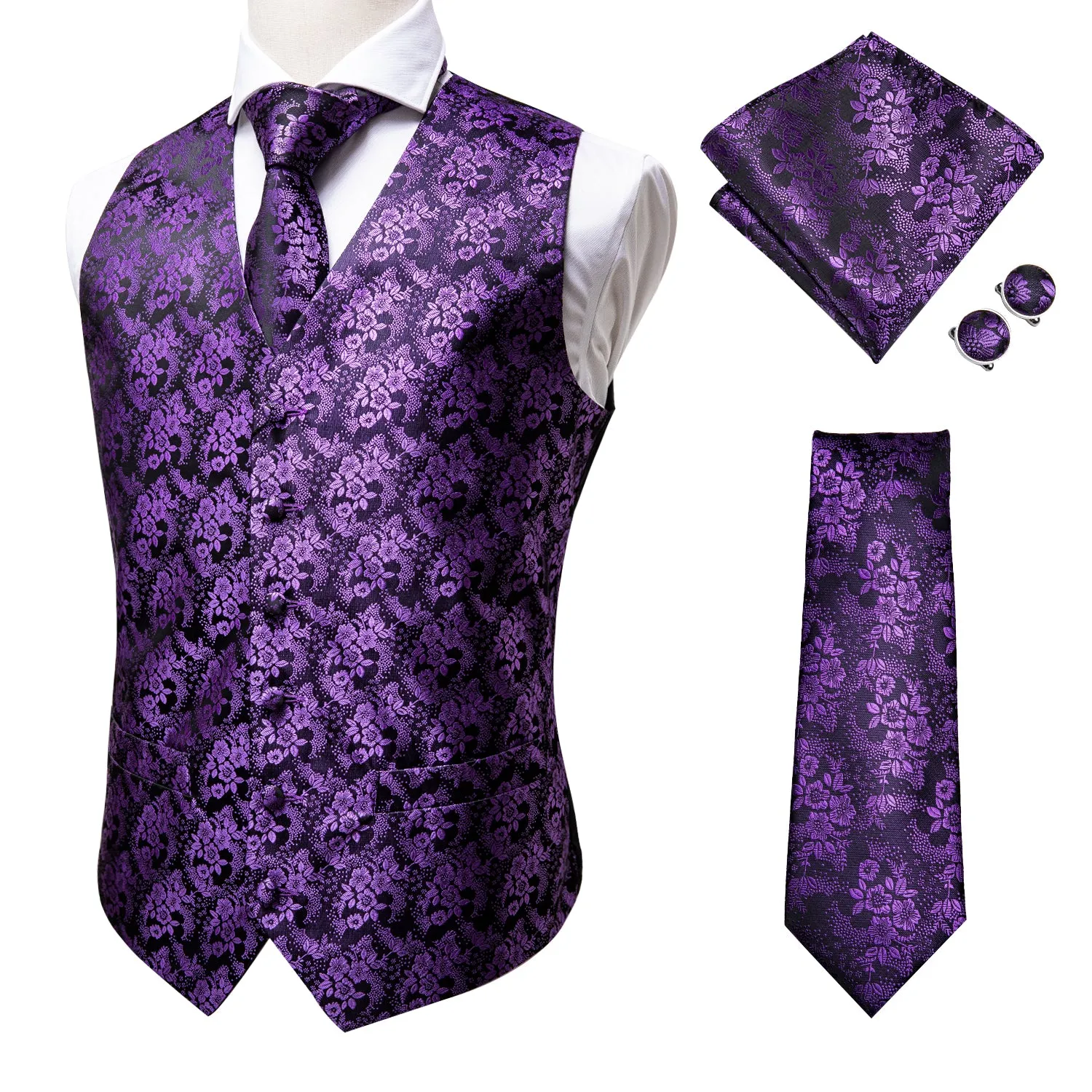 Luxury Purple Paisley Jacquard Silk Men's Vest Hanky Cufflinks Tie Set