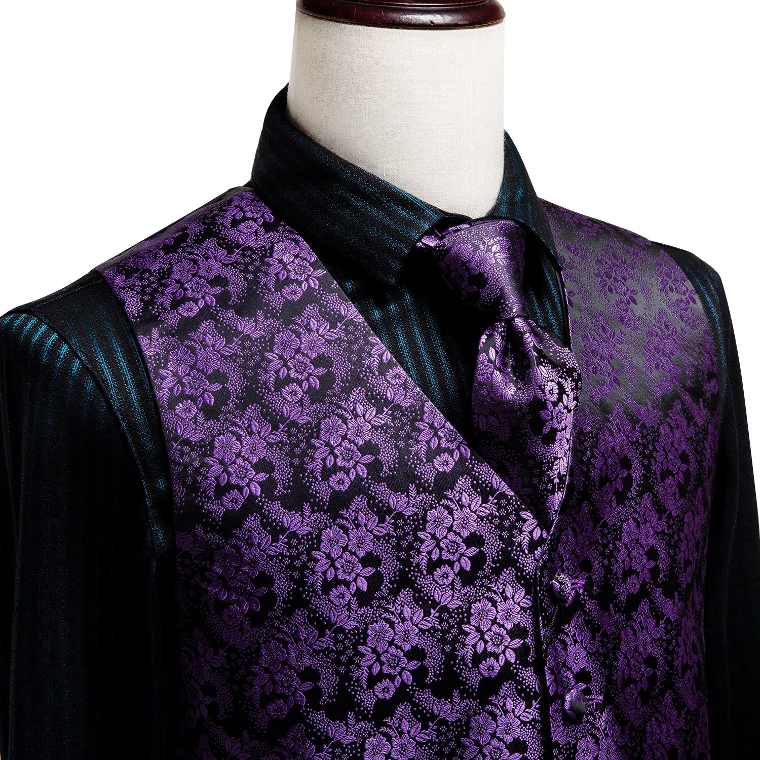 Luxury Purple Paisley Jacquard Silk Men's Vest Hanky Cufflinks Tie Set