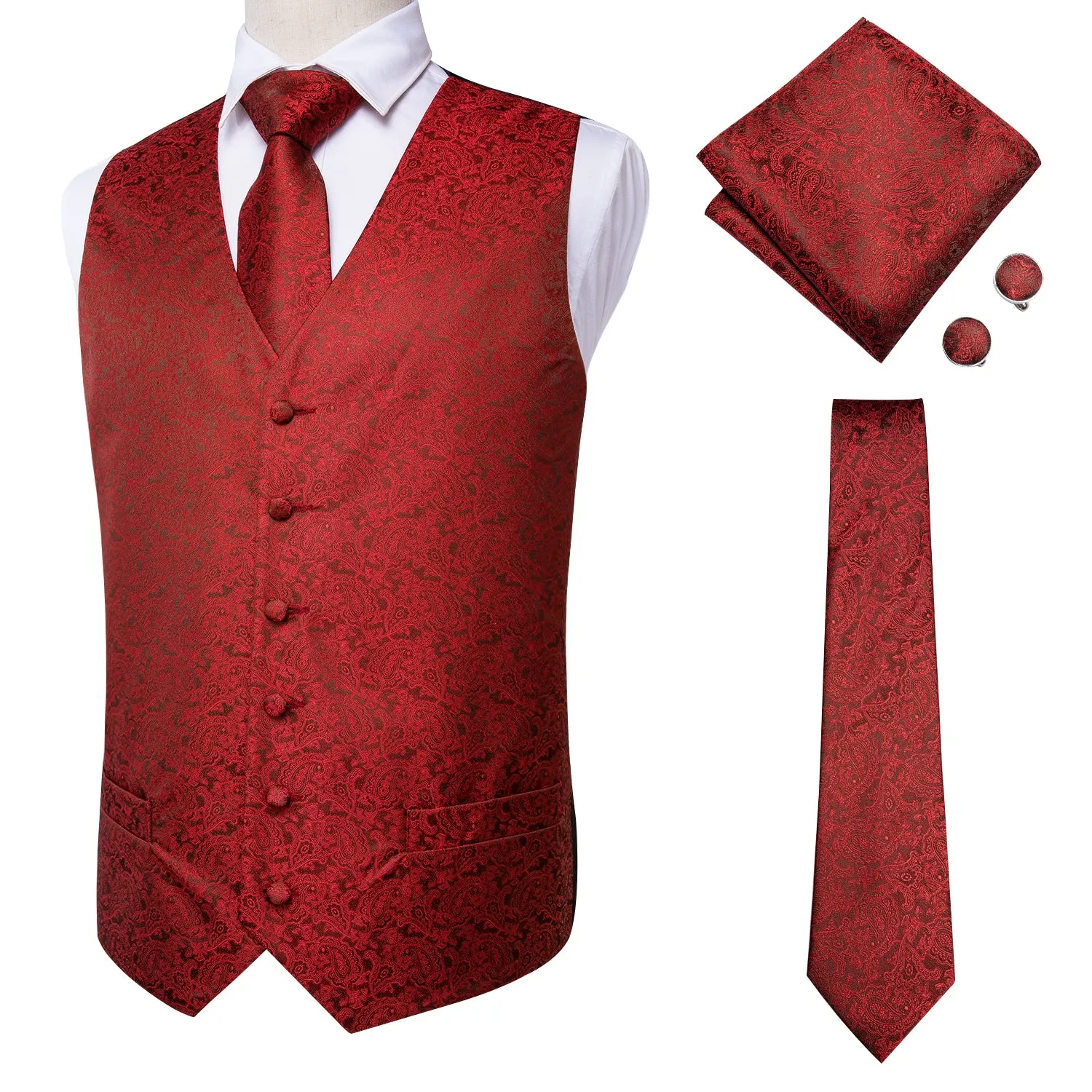 Luxury Red Paisley Vest Tie Set