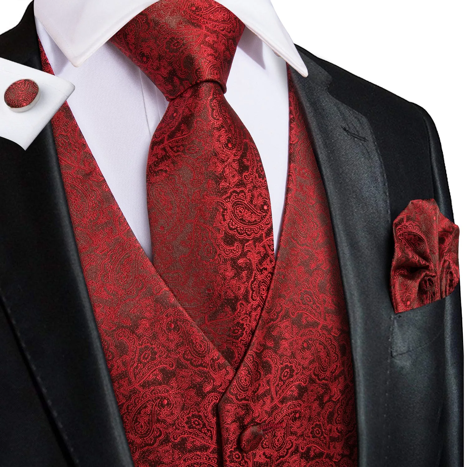 Luxury Red Paisley Vest Tie Set