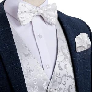 Luxury White Floral Silk Men's Vest Bow Tie Hanky Cufflinks Set