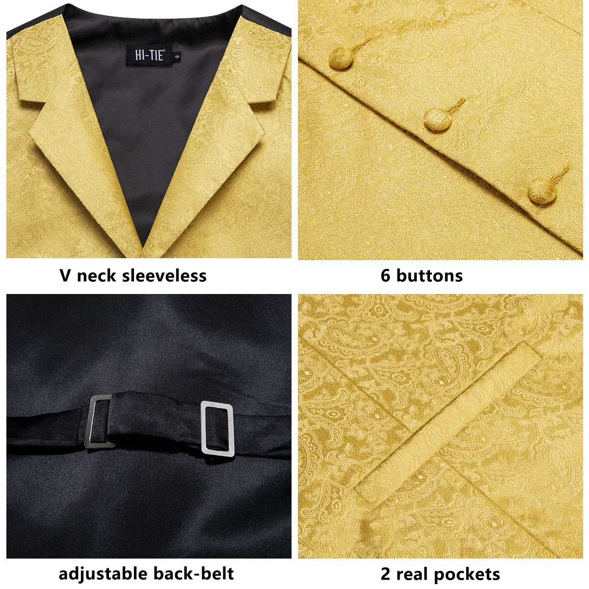 Luxury Yellow Floral Silk Men's Collar Vest Hanky Cufflinks Tie Set Waistcoat Suit Set