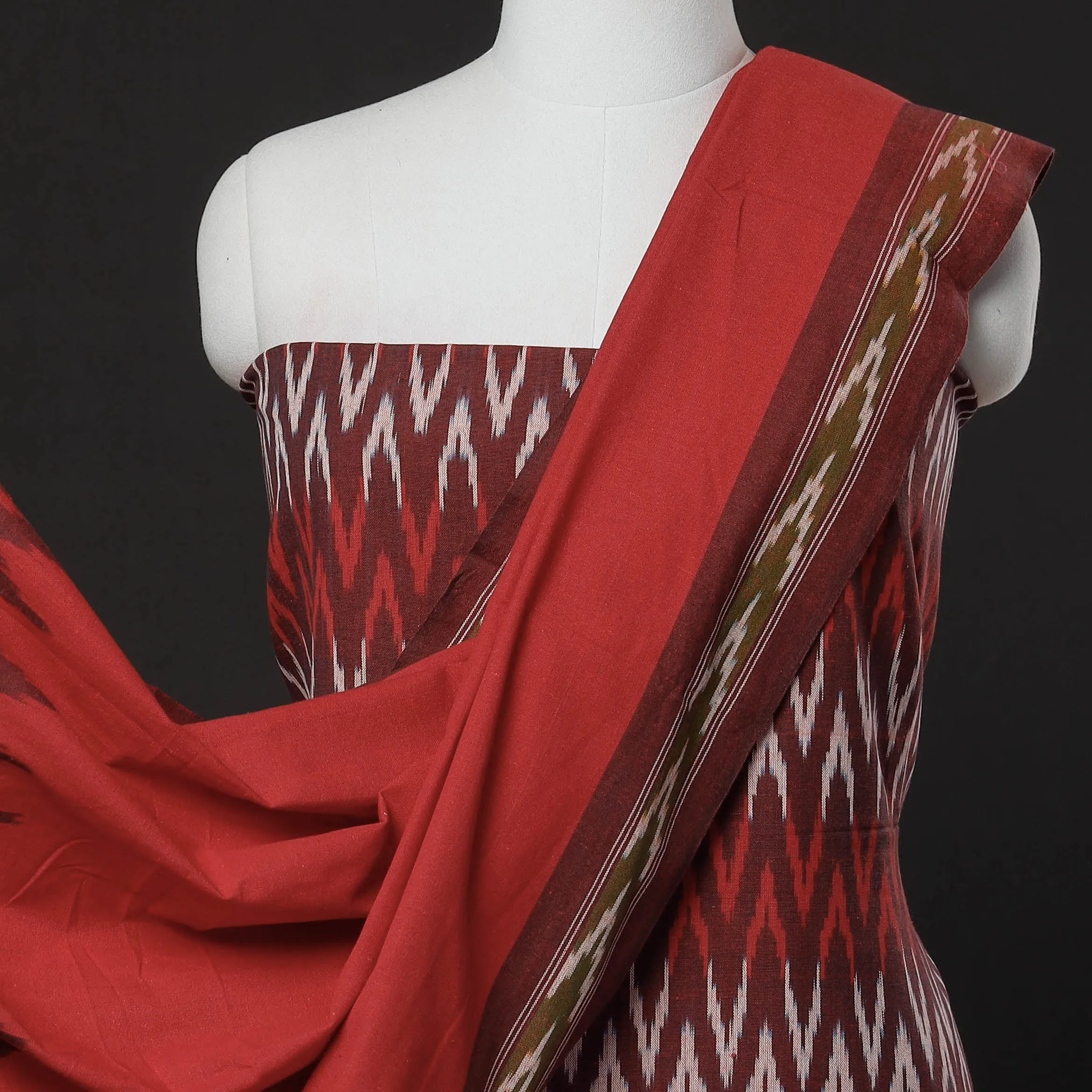 Maroon - 3pc Pochampally Ikat Weave Cotton Suit Material Set