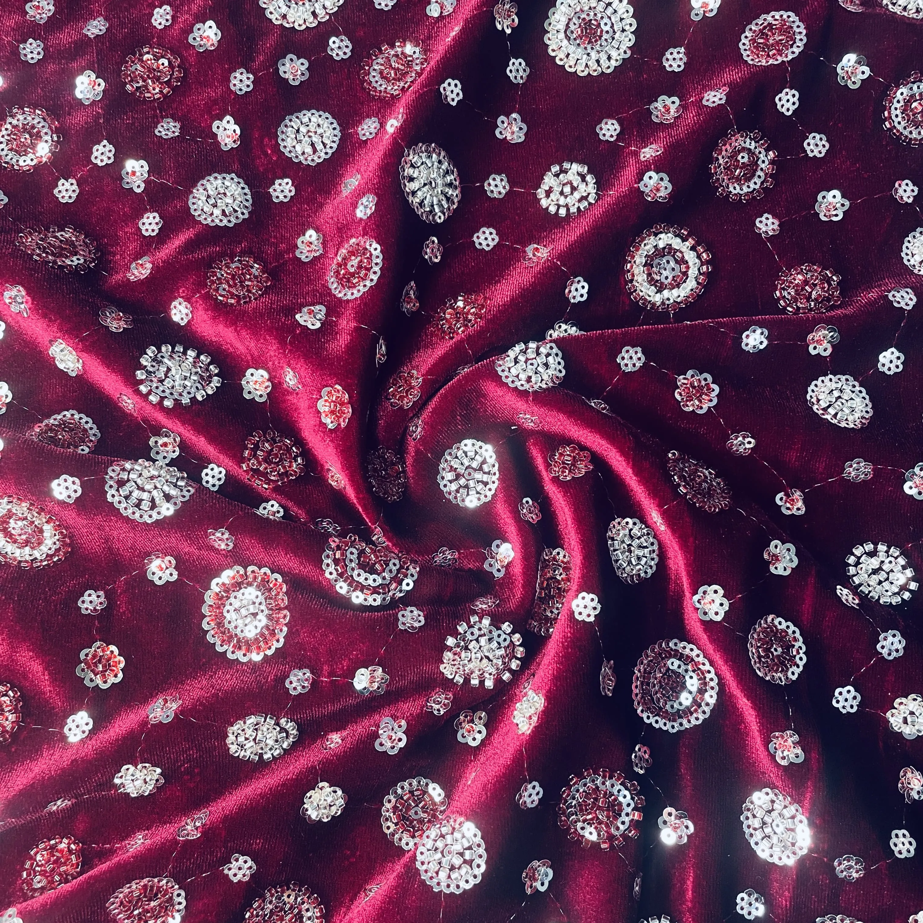 Maroon Cutdana Sequins Embroidery Valvet Fabric 19706