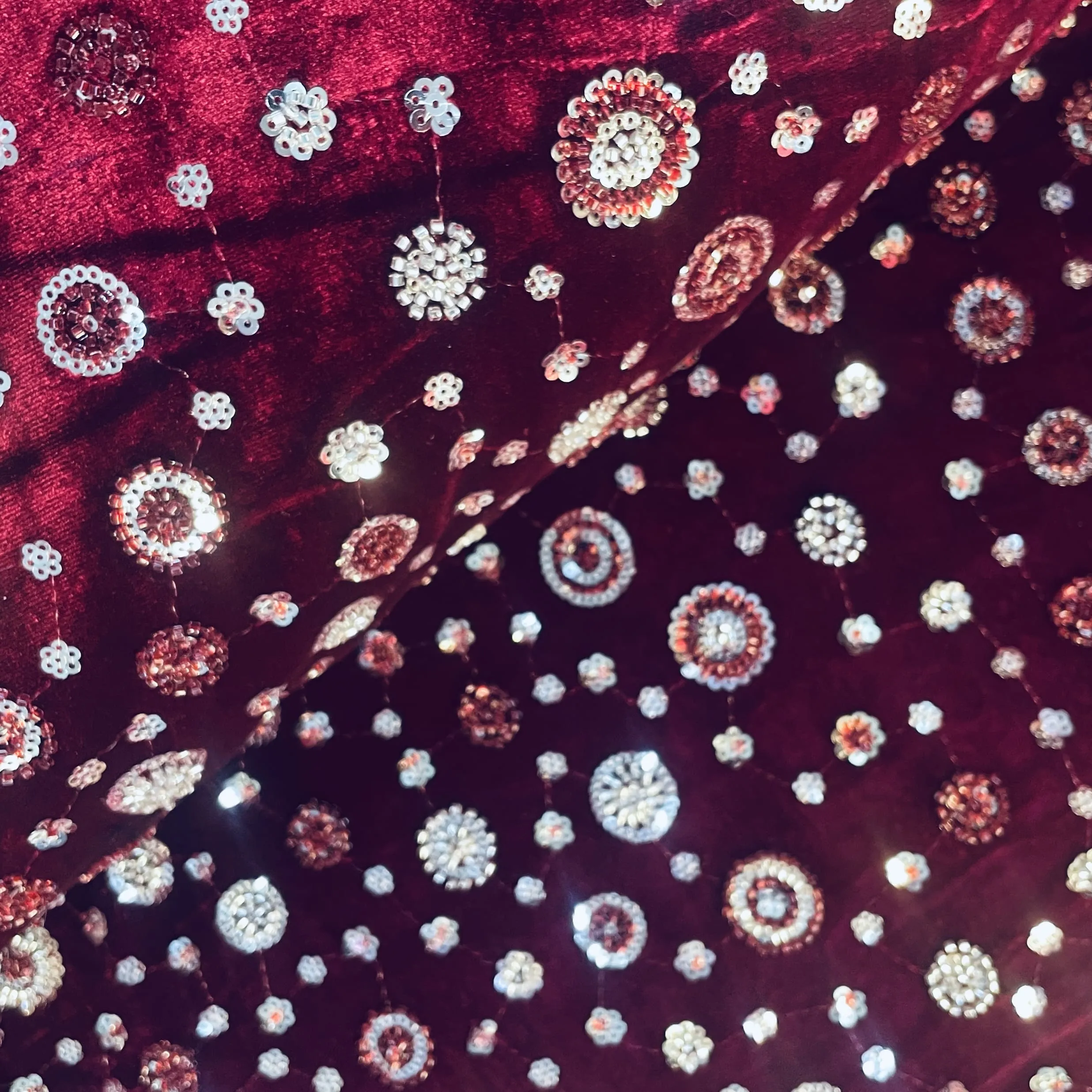 Maroon Cutdana Sequins Embroidery Valvet Fabric 19706