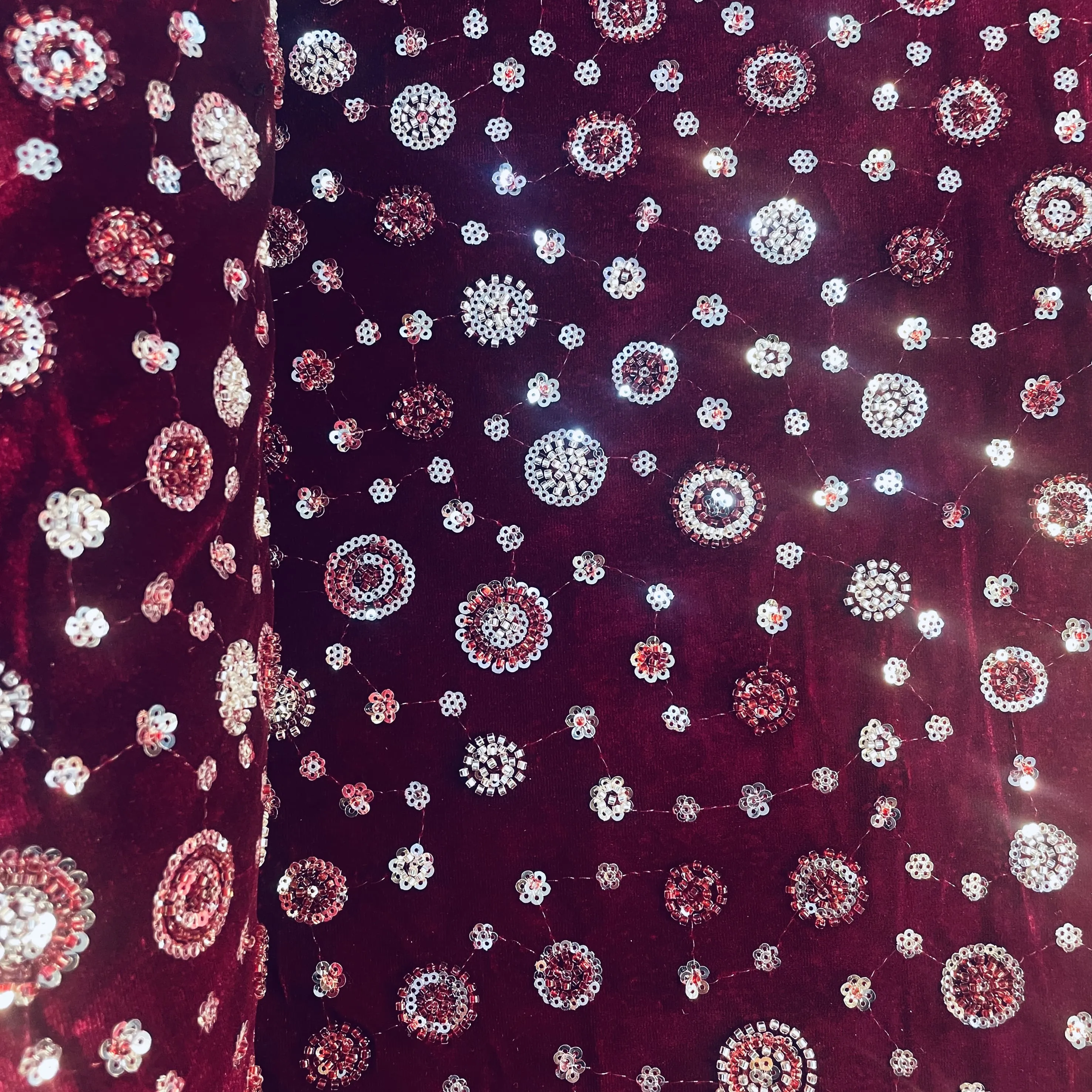 Maroon Cutdana Sequins Embroidery Valvet Fabric 19706