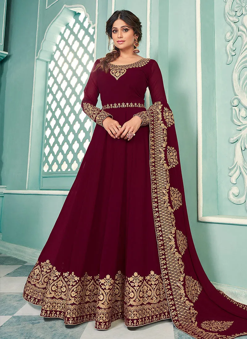 Maroon Embroidered Flared Anarkali Suit