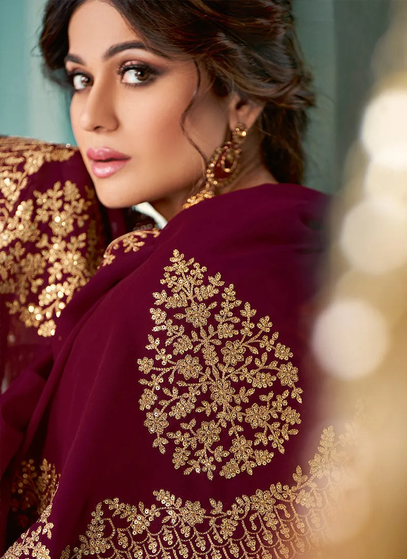 Maroon Embroidered Flared Anarkali Suit