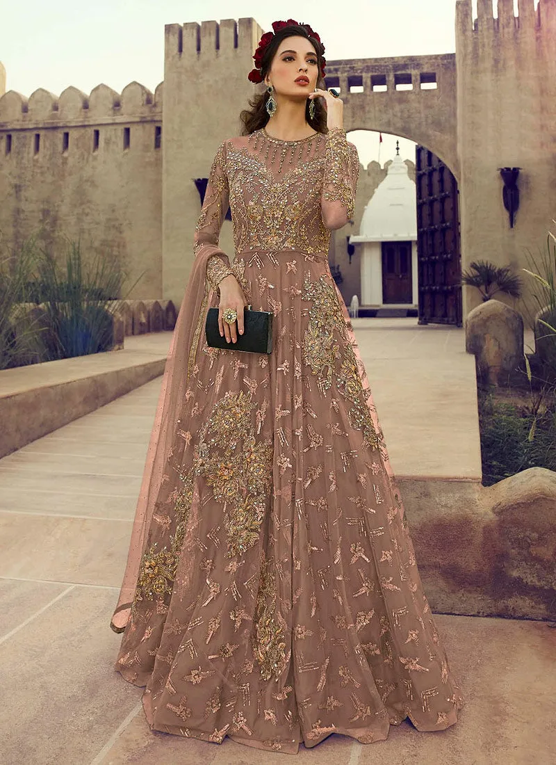 Mauve Golden Embroidered Flared Anarkali Suit