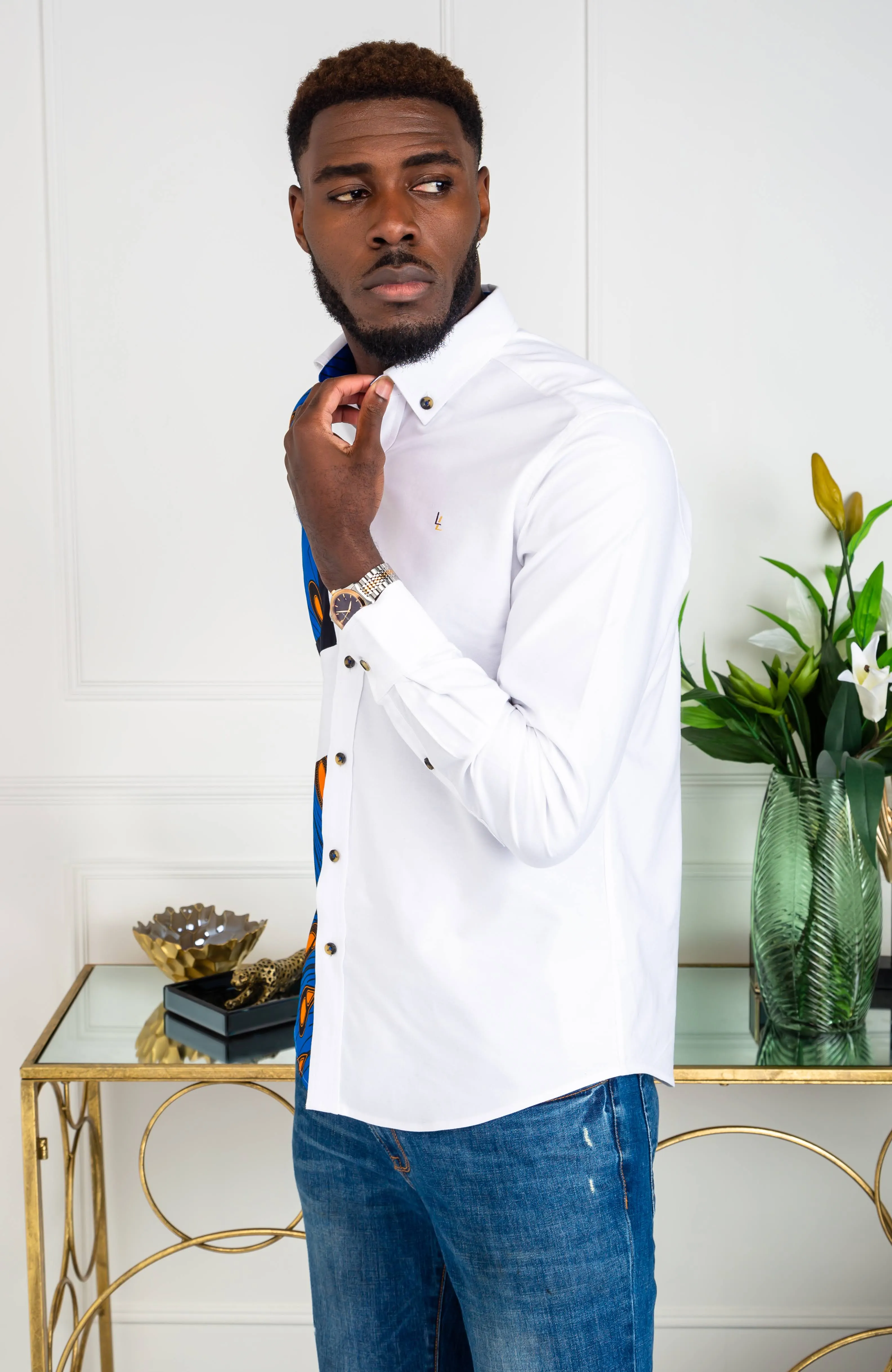 Mens Ankara Shirt | Mens African Shirt - Skinny Fit White Button Down Asymmetrical Shirt - ELIJAH