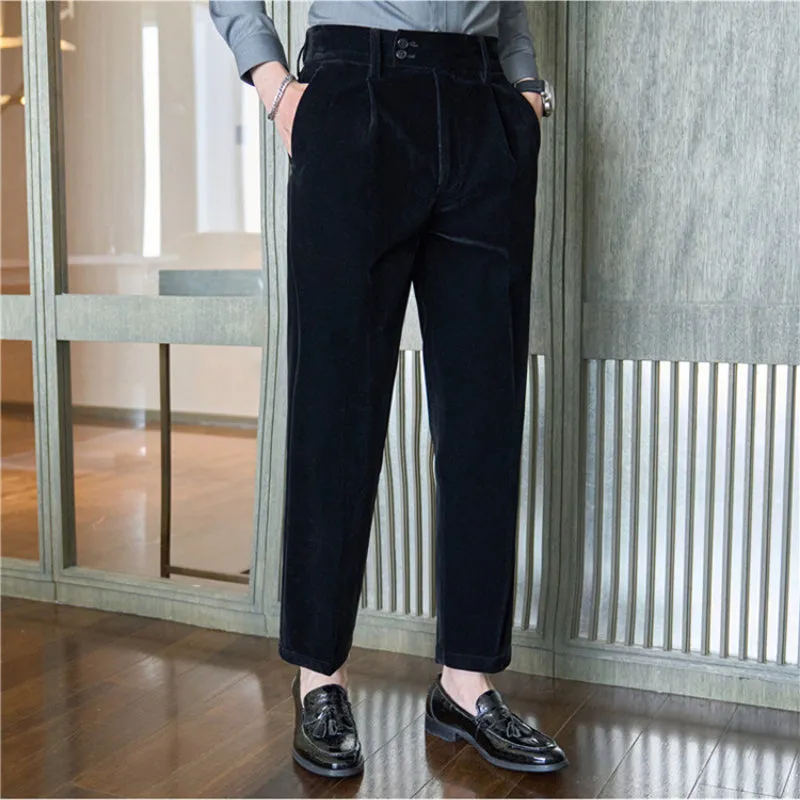 Men's Business Casual Elastic Waist Velvet Trousers