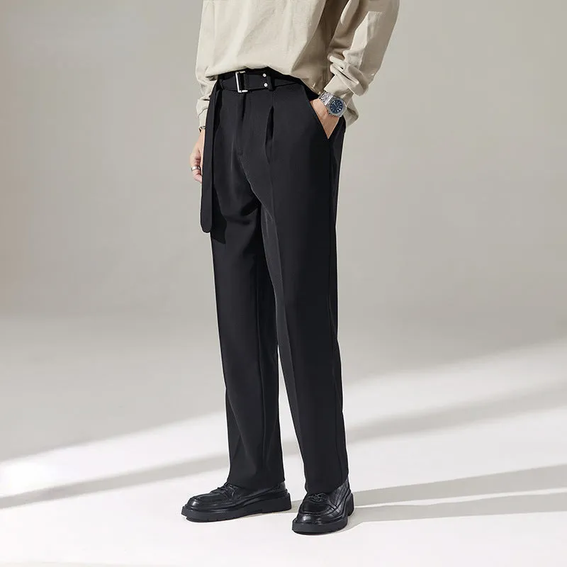 Men's Business England Removable Belt Drape Wide Leg Trousers Straight Leg Loose Casual Pants