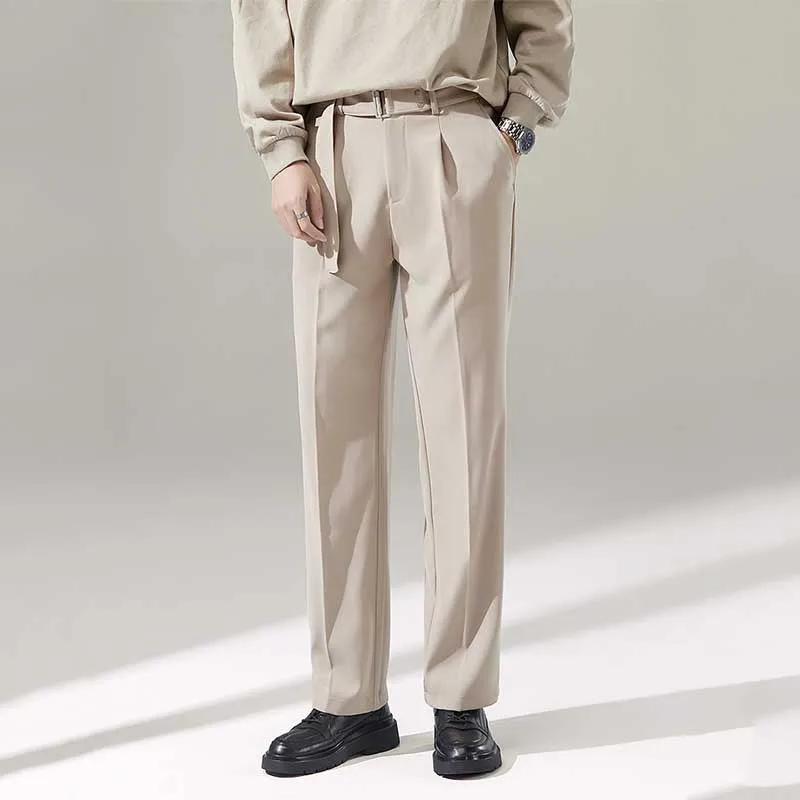 Men's Business England Removable Belt Drape Wide Leg Trousers Straight Leg Loose Casual Pants