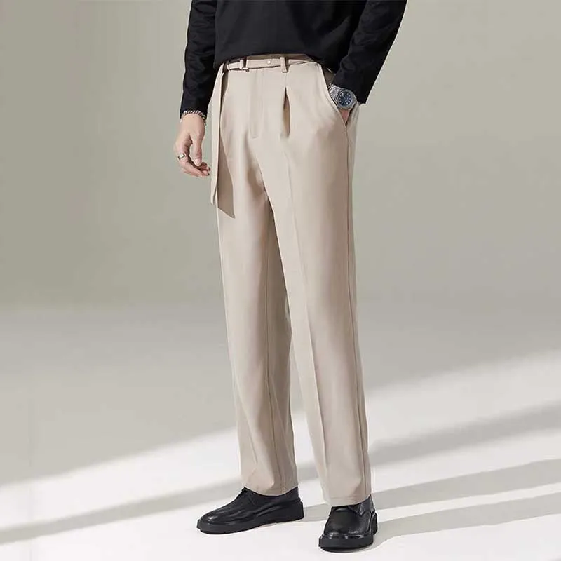 Men's Business England Removable Belt Drape Wide Leg Trousers Straight Leg Loose Casual Pants