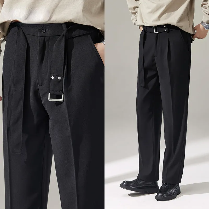 Men's Business England Removable Belt Drape Wide Leg Trousers Straight Leg Loose Casual Pants