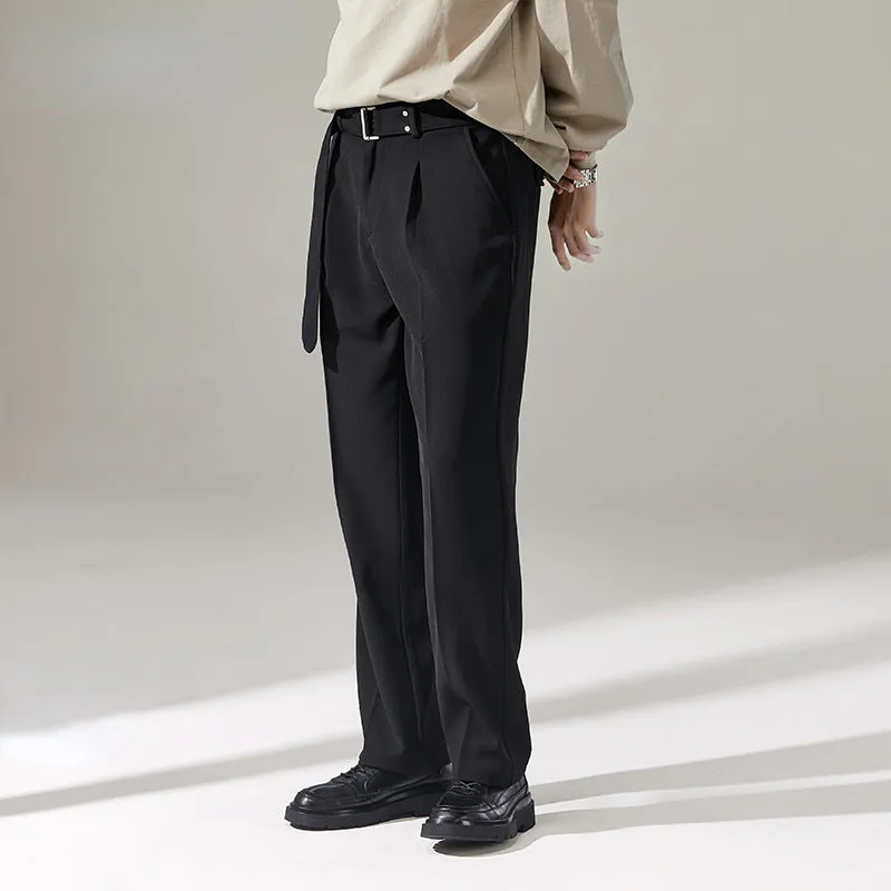 Men's Business England Removable Belt Drape Wide Leg Trousers Straight Leg Loose Casual Pants