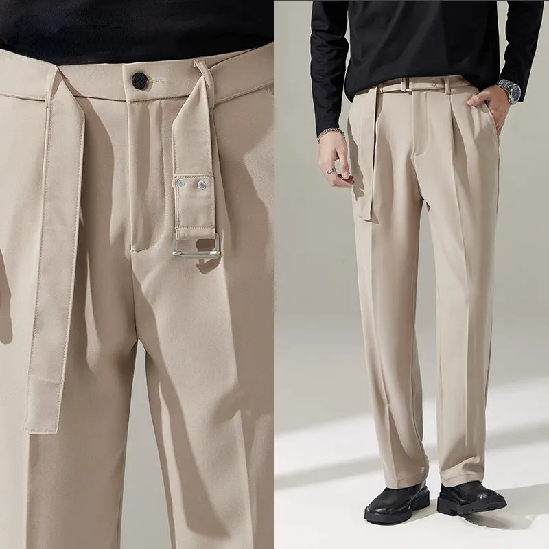 Men's Business England Removable Belt Drape Wide Leg Trousers Straight Leg Loose Casual Pants