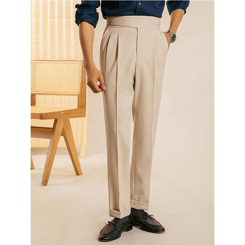 Men's High Waist Fold Pleated Suit Pants Work Office Business Long Trousers with Pockets