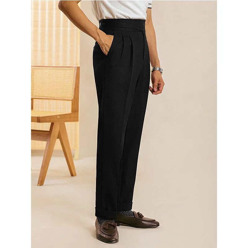 Men's High Waist Fold Pleated Suit Pants Work Office Business Long Trousers with Pockets