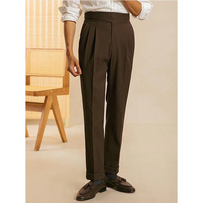 Men's High Waist Fold Pleated Suit Pants Work Office Business Long Trousers with Pockets