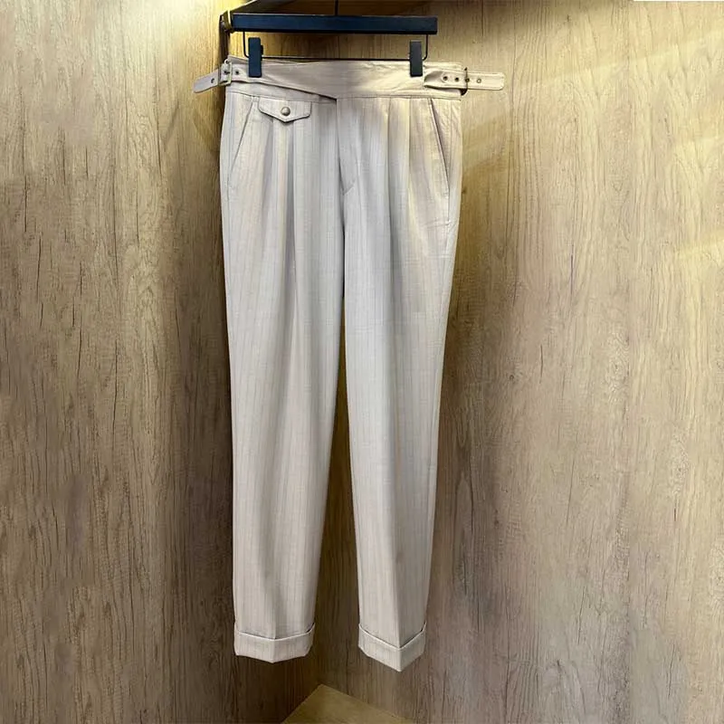 Men's High Waisted Pants Striped Straight Loose Casual Business Trousers