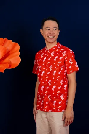 Men's Mandarin-collared Shirt - Red Blossom Lily